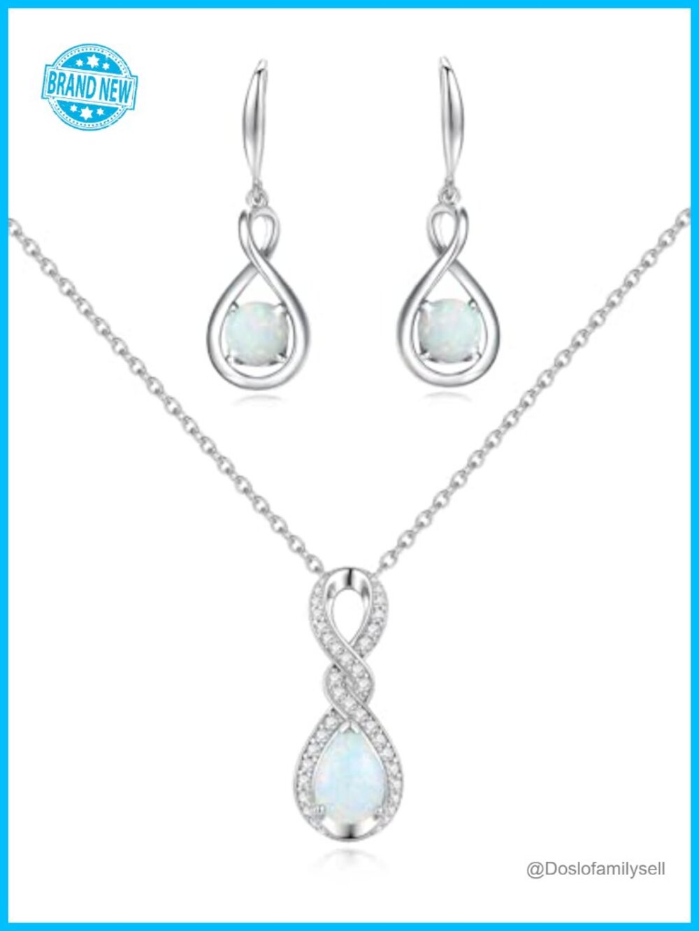Sterling Silver Opal Infinity Knot Necklace Earrings Set Fine Jewelry